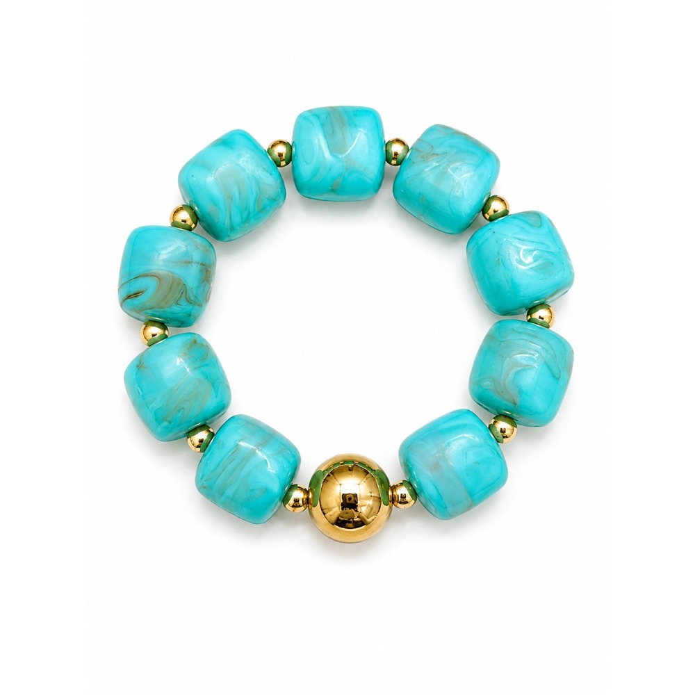 NEW Turquoise Blue Acrylic Chunky Bead Stretch Bracelet Gold Tone Statement